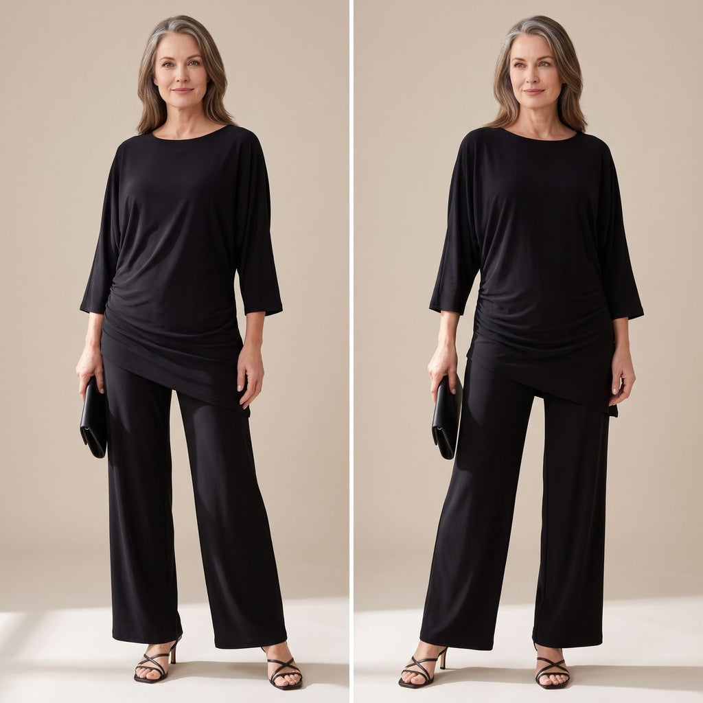 Women's Draped Wide-Leg Two-Piece Set Batwing Sleeve - Black
