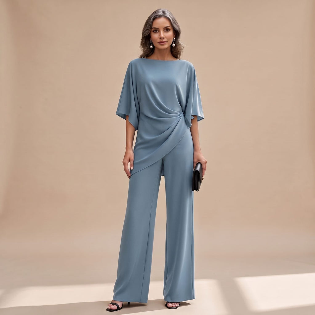 Women's Draped Wide-Leg Two-Piece Set Batwing Sleeve - Light Blue