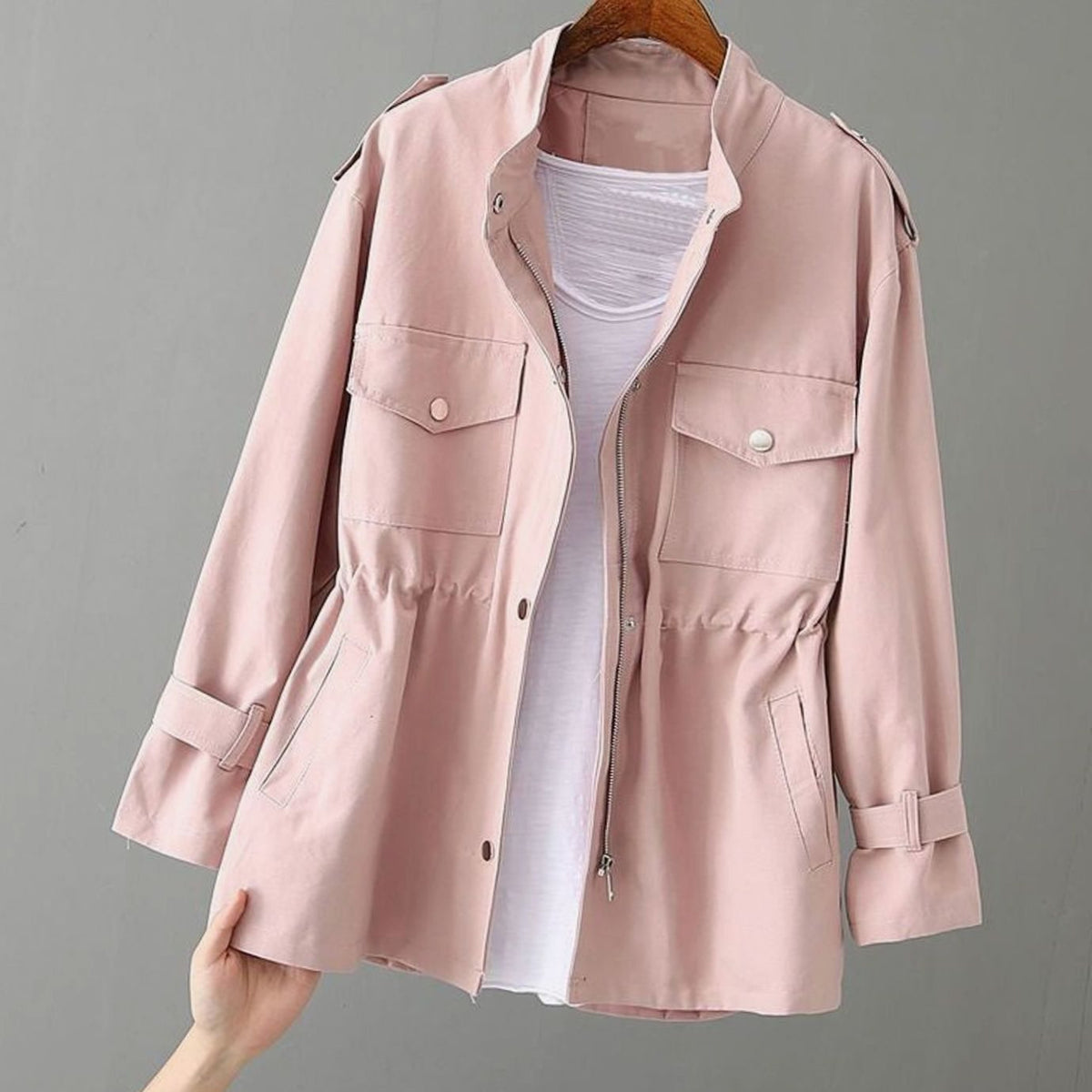 Women's Drawstring-Waist Zip-Up Utility Jacket - Pink