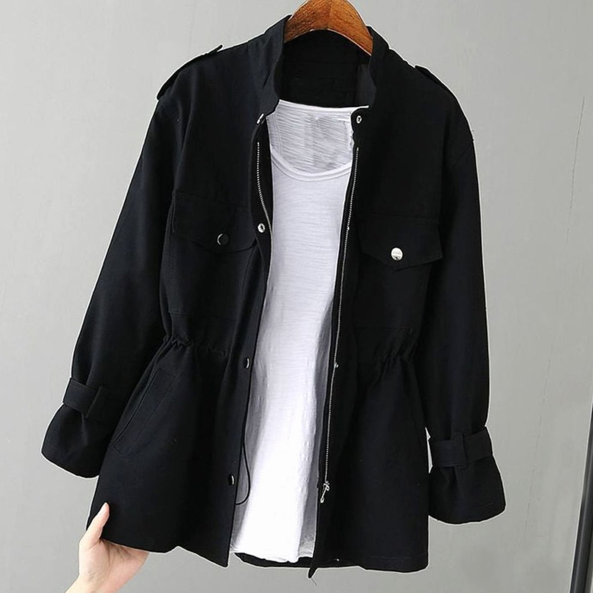 Women's Drawstring-Waist Zip-Up Utility Jacket - Black