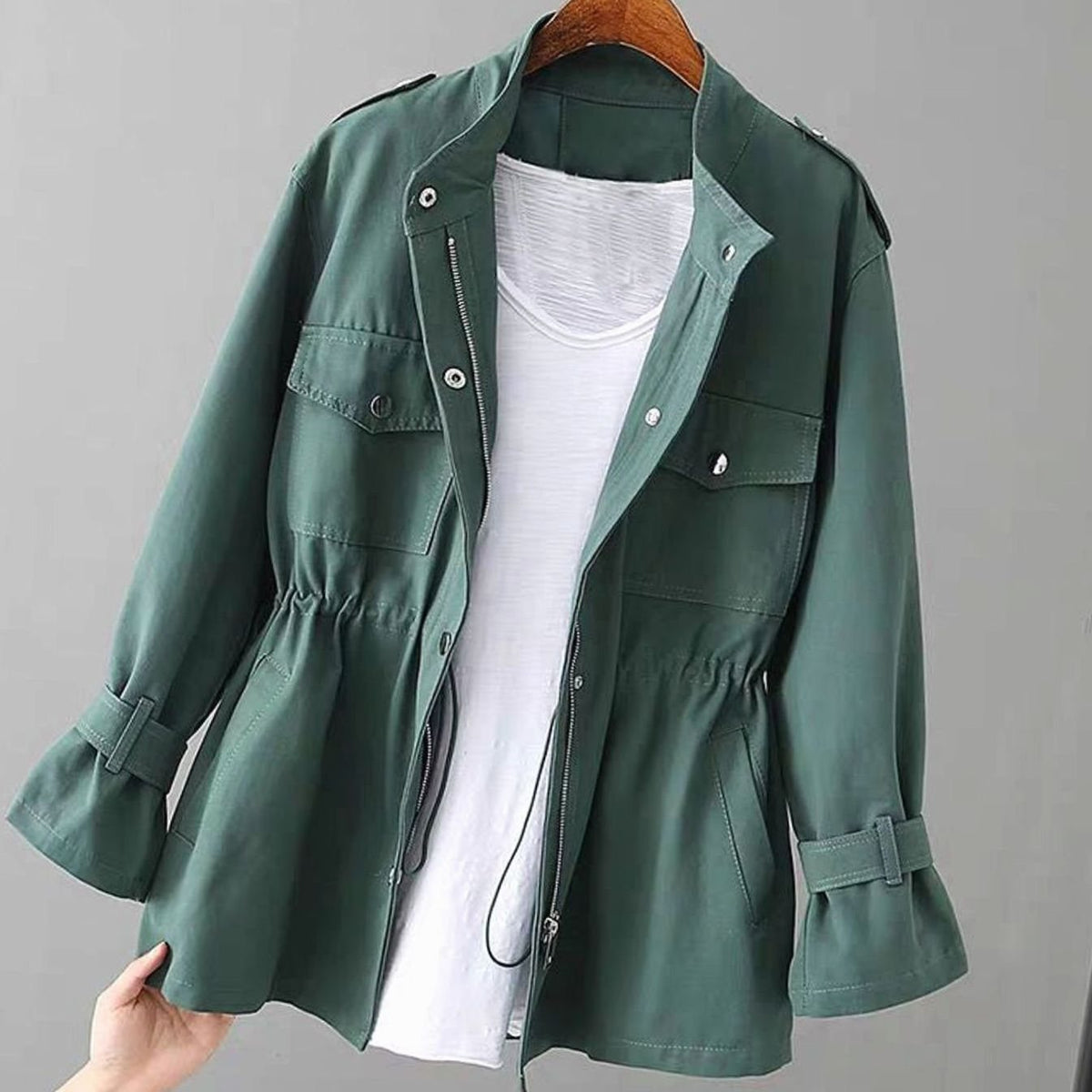 Women's Drawstring-Waist Zip-Up Utility Jacket - Green