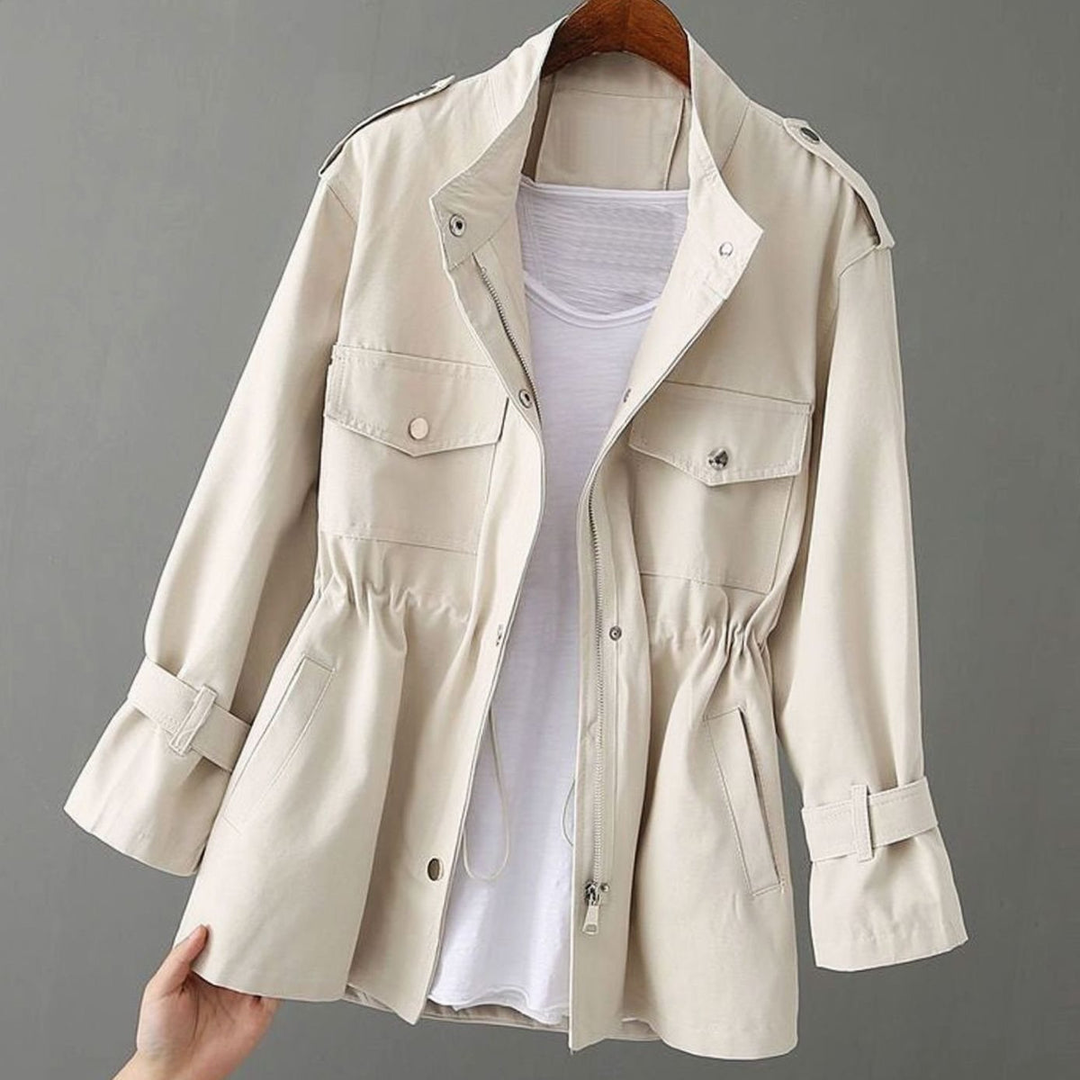 Women's Drawstring-Waist Zip-Up Utility Jacket - White