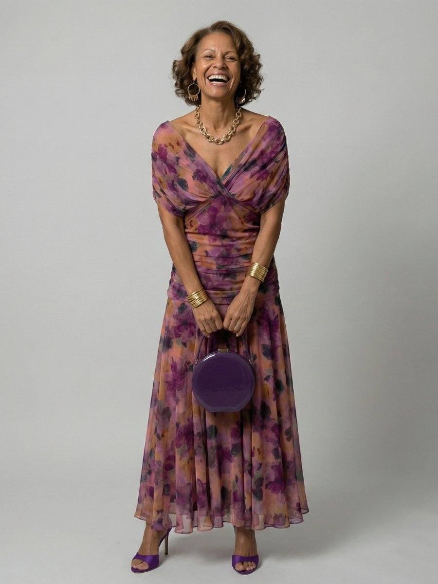 Women's Dress Floral Chiffon Off-Shoulder Draped Midi - Purple