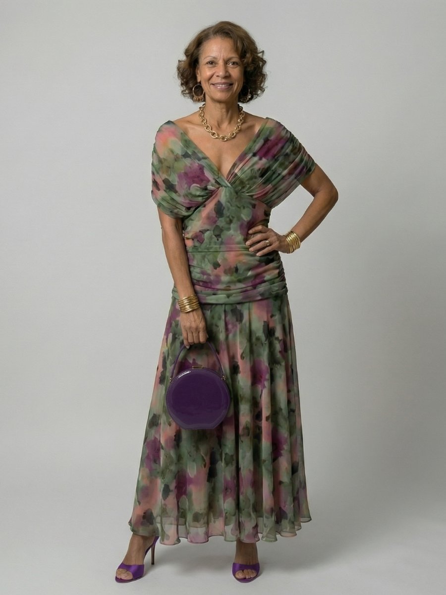 Women's Dress Floral Chiffon Off-Shoulder Draped Midi - Multicolor