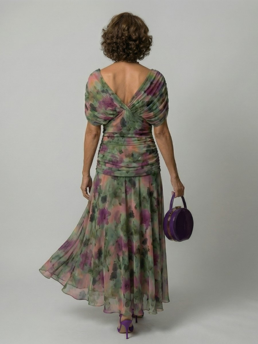 Women's Dress Floral Chiffon Off-Shoulder Draped Midi
