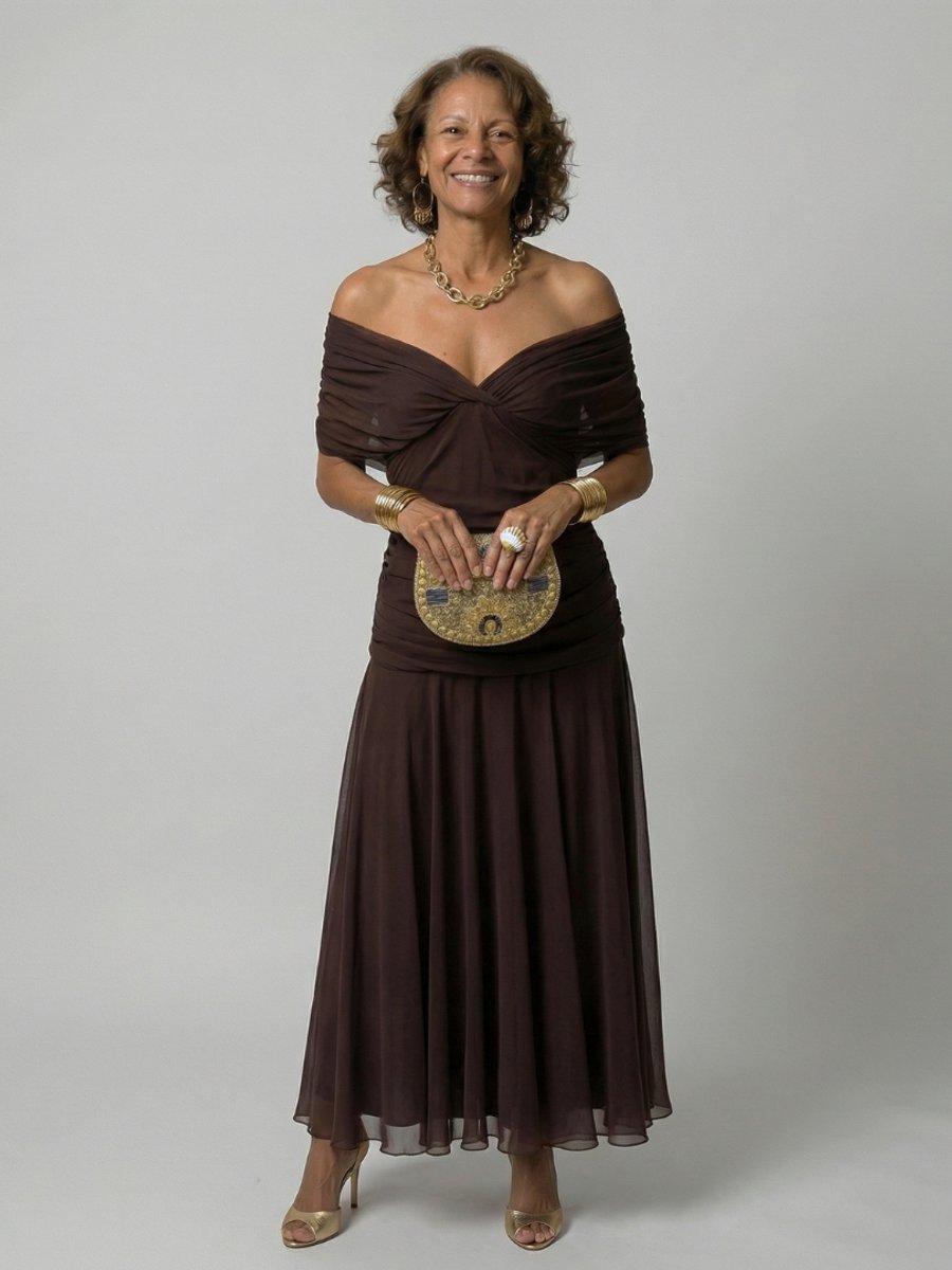 Women's Dress Floral Chiffon Off-Shoulder Draped Midi - Brown