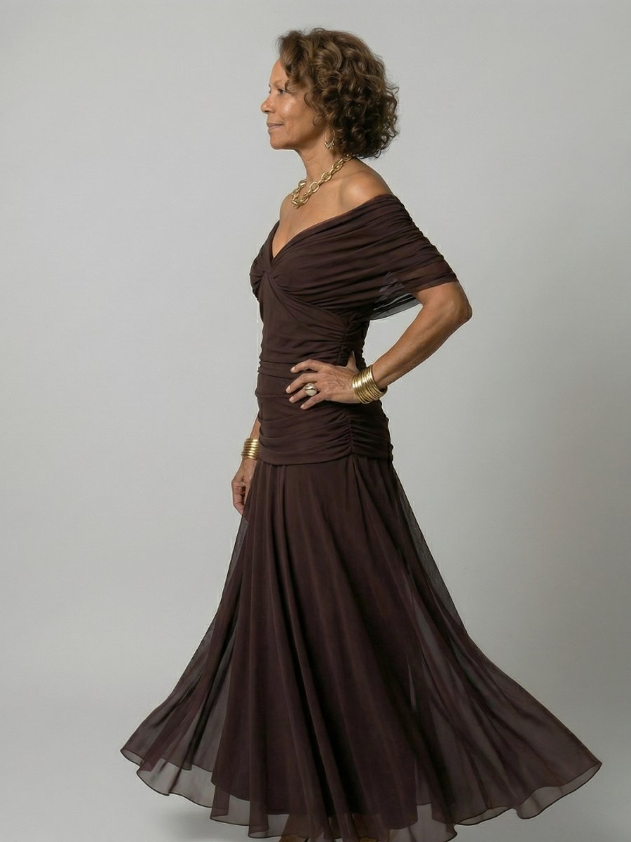 Women's Dress Floral Chiffon Off-Shoulder Draped Midi