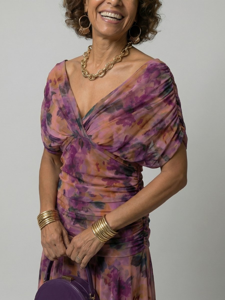 Women's Dress Floral Chiffon Off-Shoulder Draped Midi