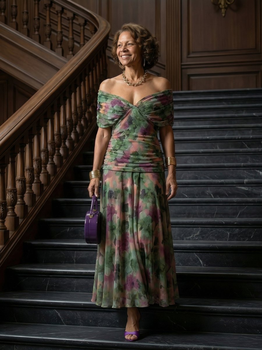 Women's Dress Floral Chiffon Off-Shoulder Draped Midi