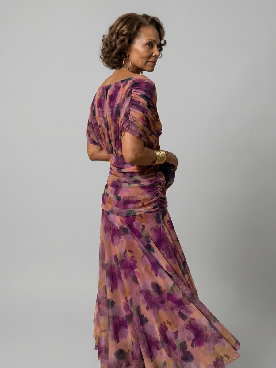 Women's Dress Floral Chiffon Off-Shoulder Draped Midi
