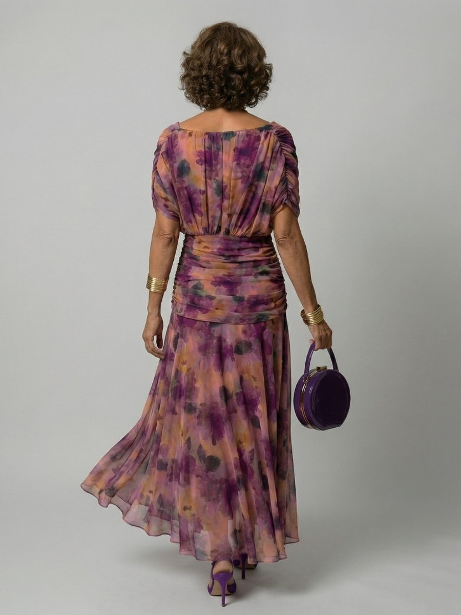 Women's Dress Floral Chiffon Off-Shoulder Draped Midi