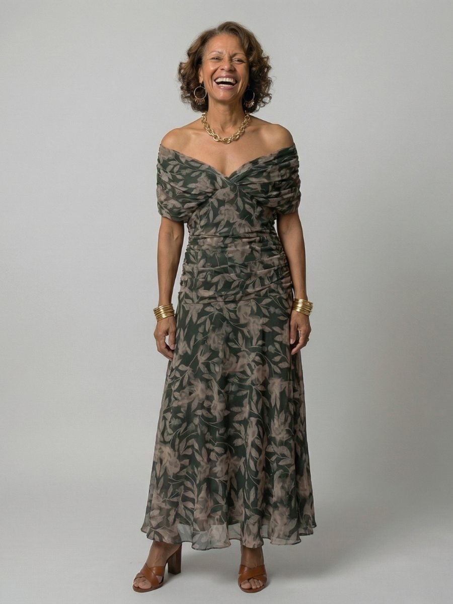 Women's Dress Floral Chiffon Off-Shoulder Draped Midi - Dark Green