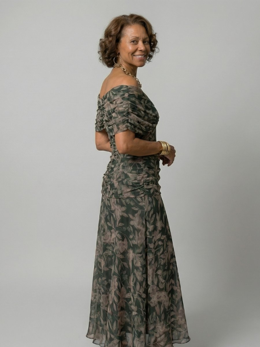 Women's Dress Floral Chiffon Off-Shoulder Draped Midi