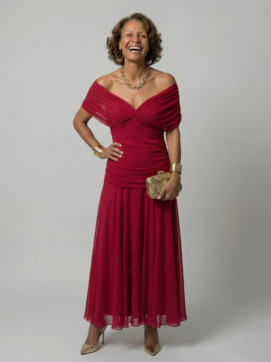 Women's Dress Floral Chiffon Off-Shoulder Draped Midi - Red