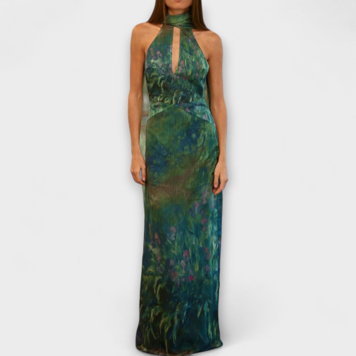 Women's Dress Monet Iris Print Halter Neck Chiffon Maxi