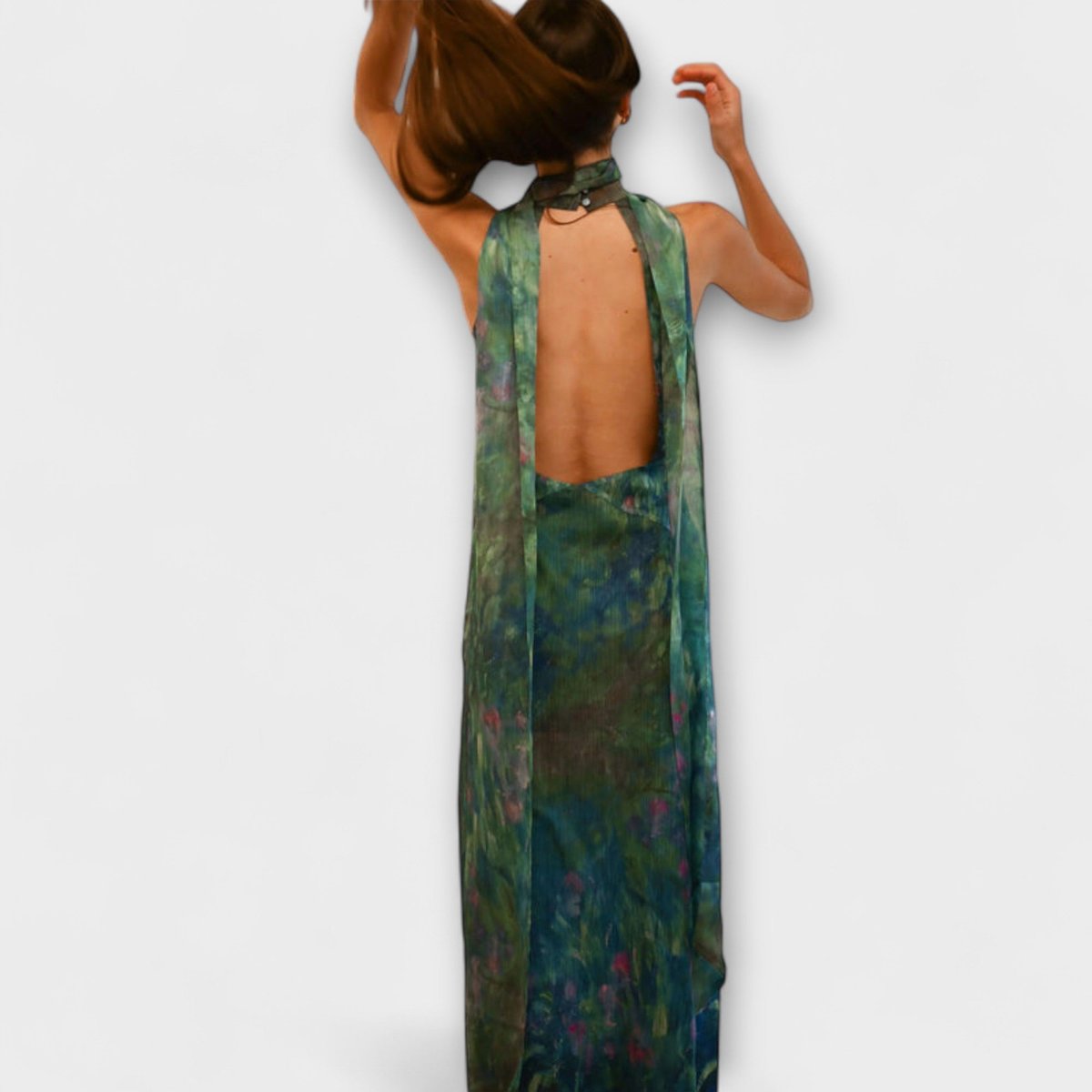 Women's Dress Monet Iris Print Halter Neck Chiffon Maxi