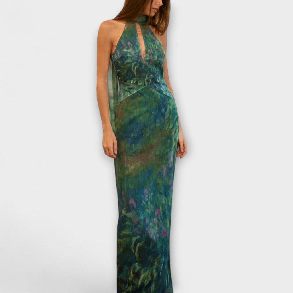 Women's Dress Monet Iris Print Halter Neck Chiffon Maxi