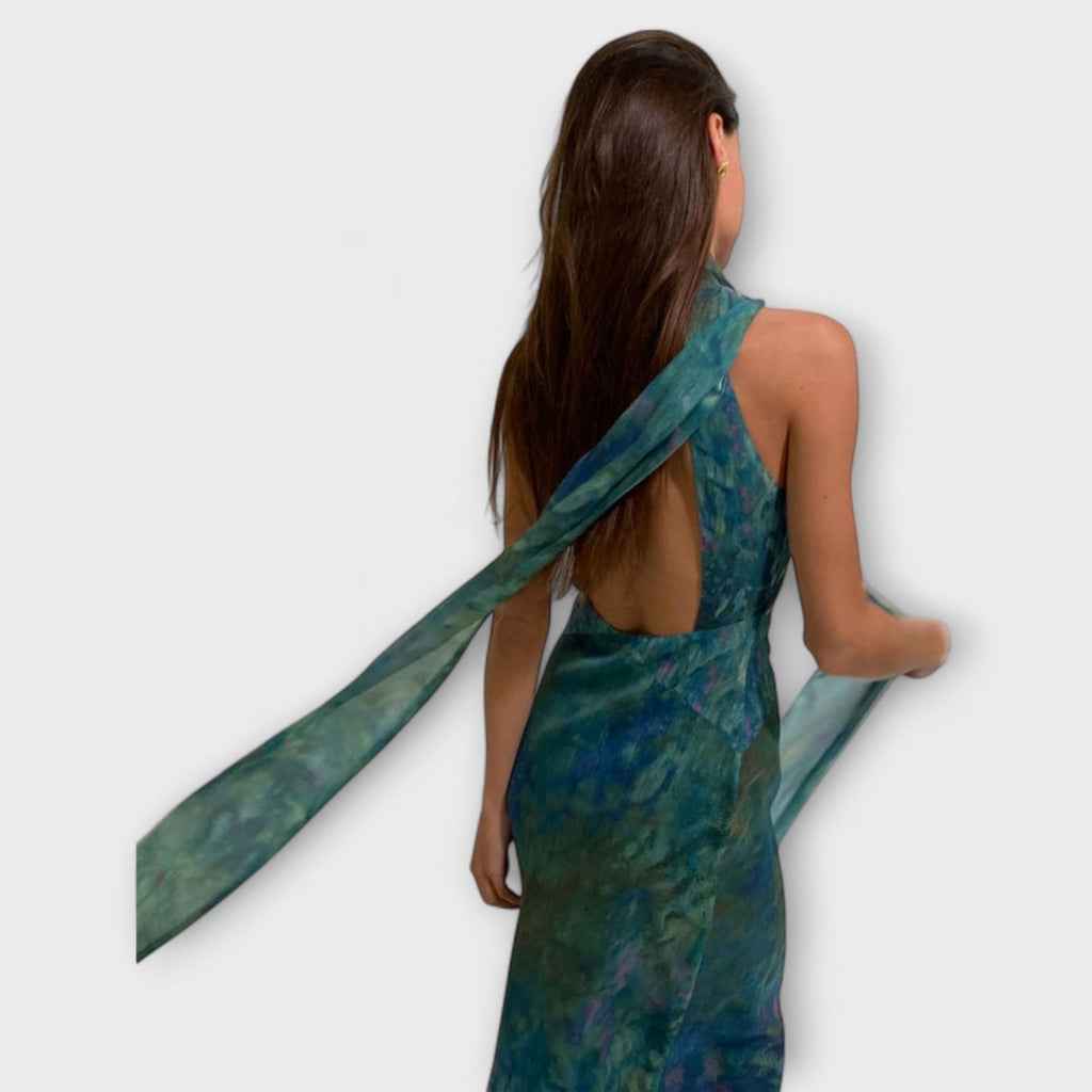 Women's Dress Monet Iris Print Halter Neck Chiffon Maxi