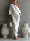 Women's Dress One-Shoulder Flowy Maxi Asymmetric Long Sleeve - White