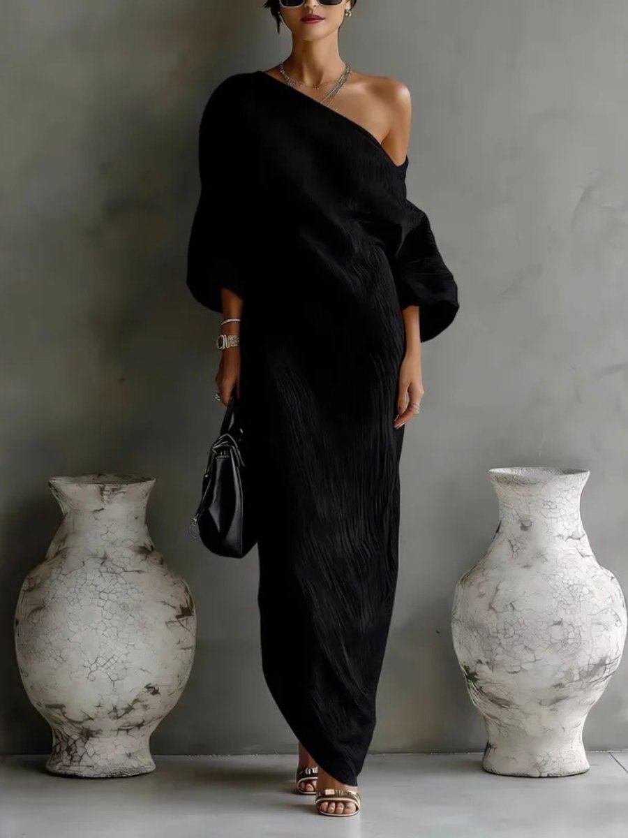 Women's Dress One-Shoulder Flowy Maxi Asymmetric Long Sleeve - Black