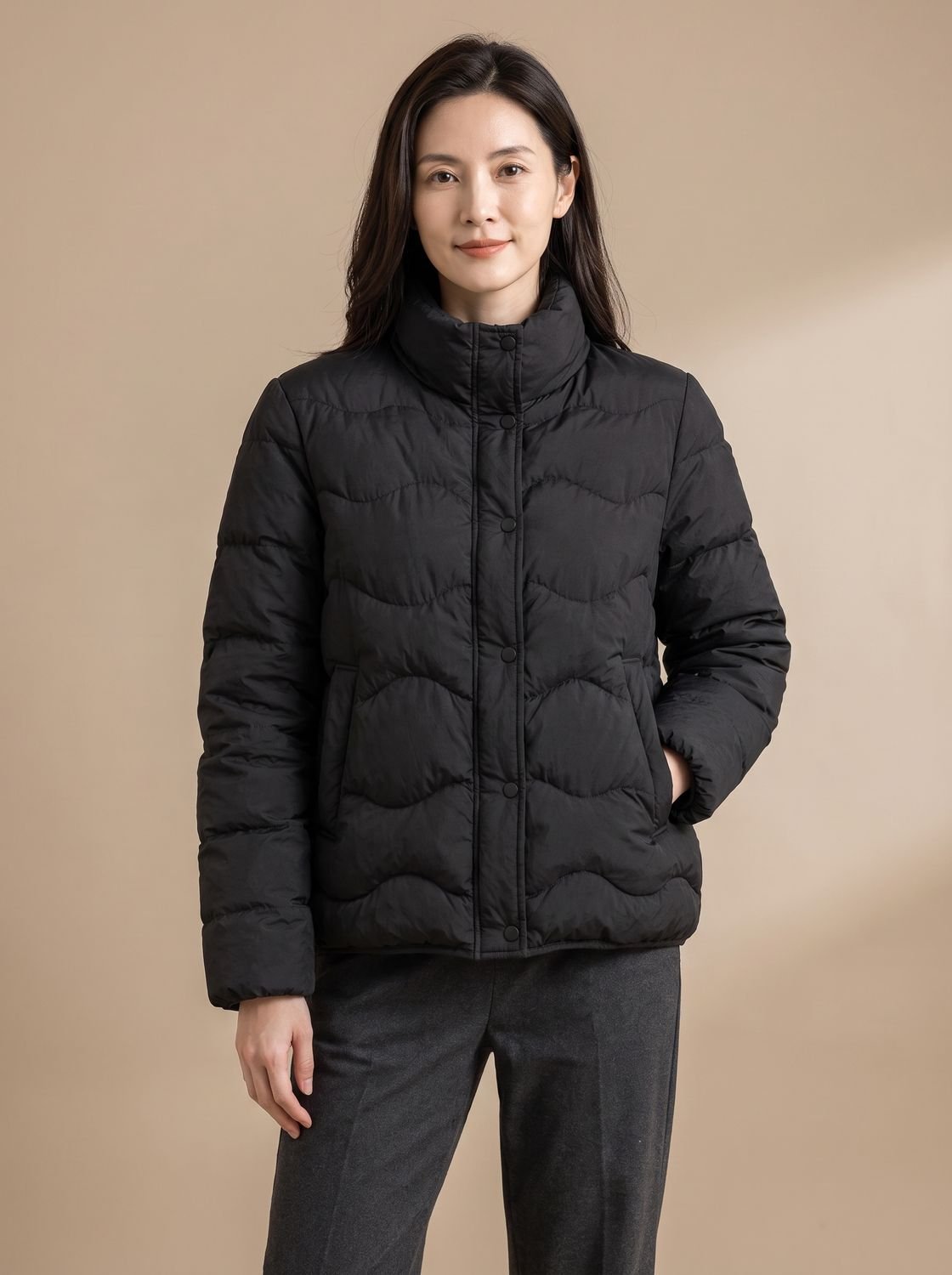 Women's Duck-Down Quilted Puffer Jacket Stand Collar Snap-Front - Black
