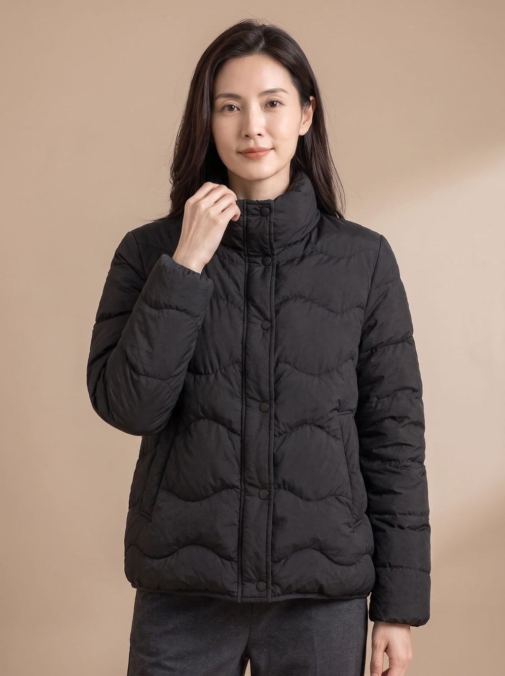Women's Duck-Down Quilted Puffer Jacket Stand Collar Snap-Front
