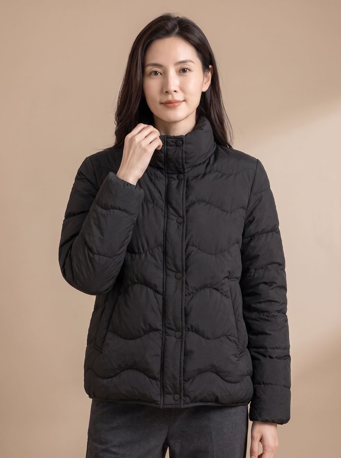 Women's Duck-Down Quilted Puffer Jacket Stand Collar Snap-Front