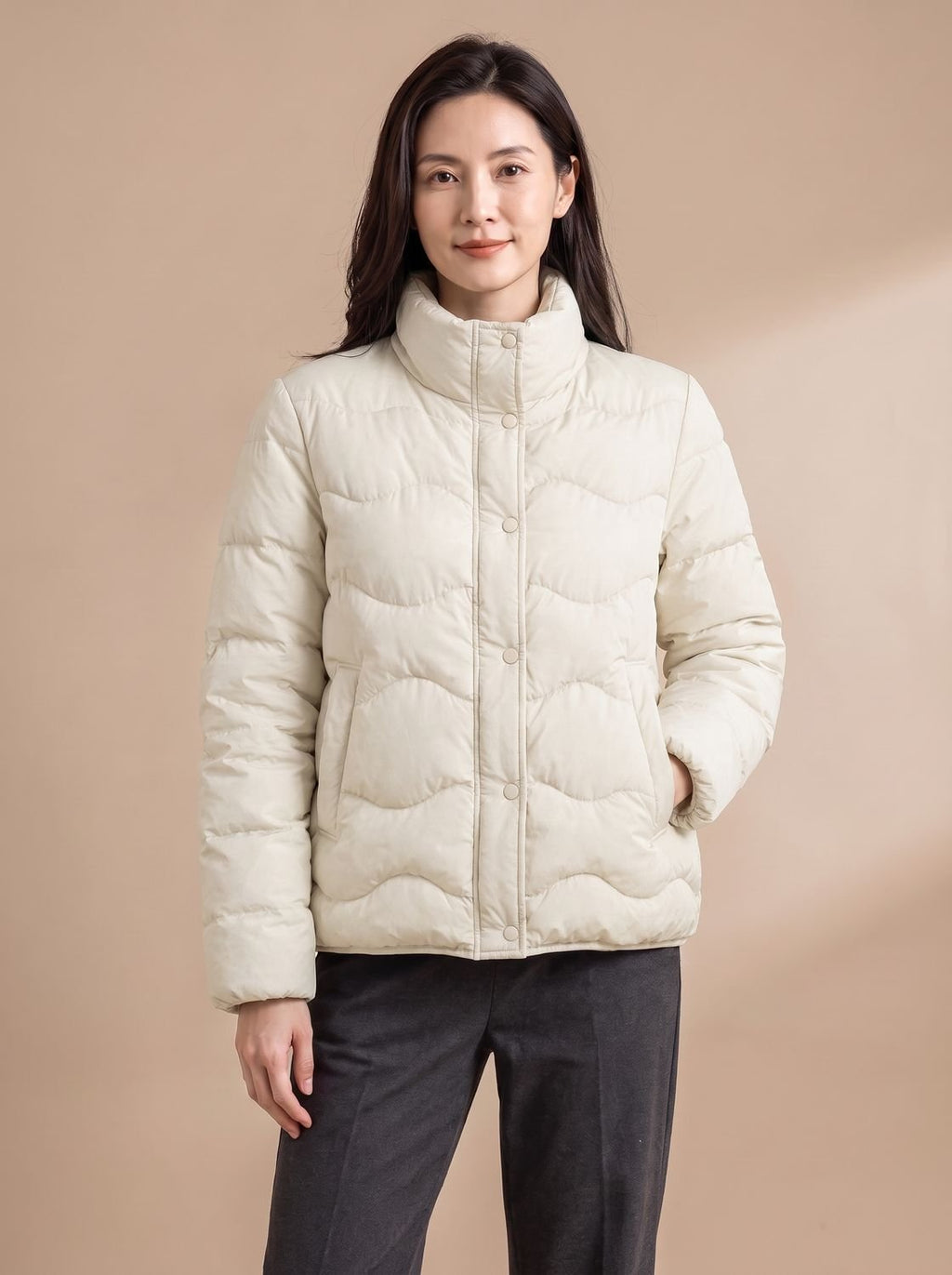 Women's Duck-Down Quilted Puffer Jacket Stand Collar Snap-Front - Milky White