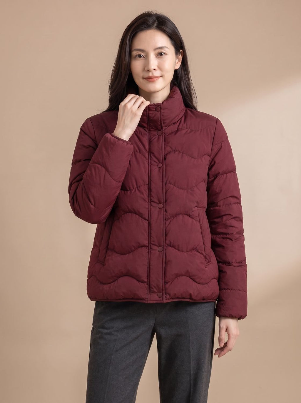 Women's Duck-Down Quilted Puffer Jacket Stand Collar Snap-Front - Angora Red