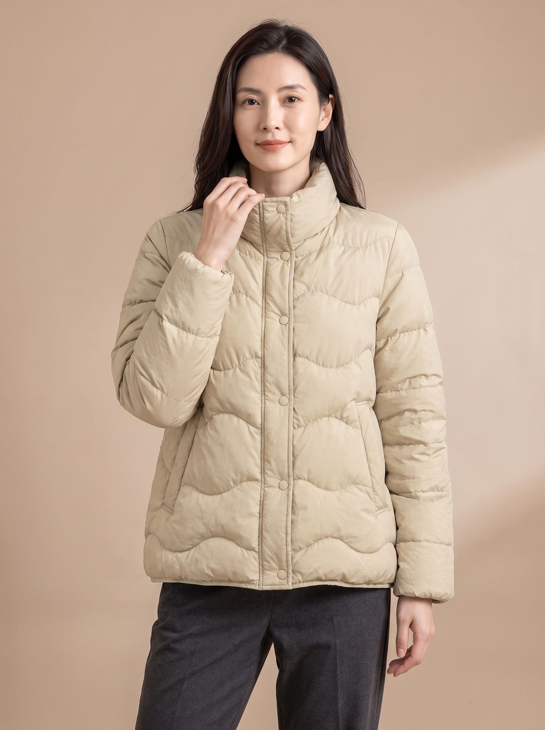 Women's Duck-Down Quilted Puffer Jacket Stand Collar Snap-Front - Beige