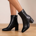 Women's Elegant Black Ankle Boots Side-Zip Block Heel - Black