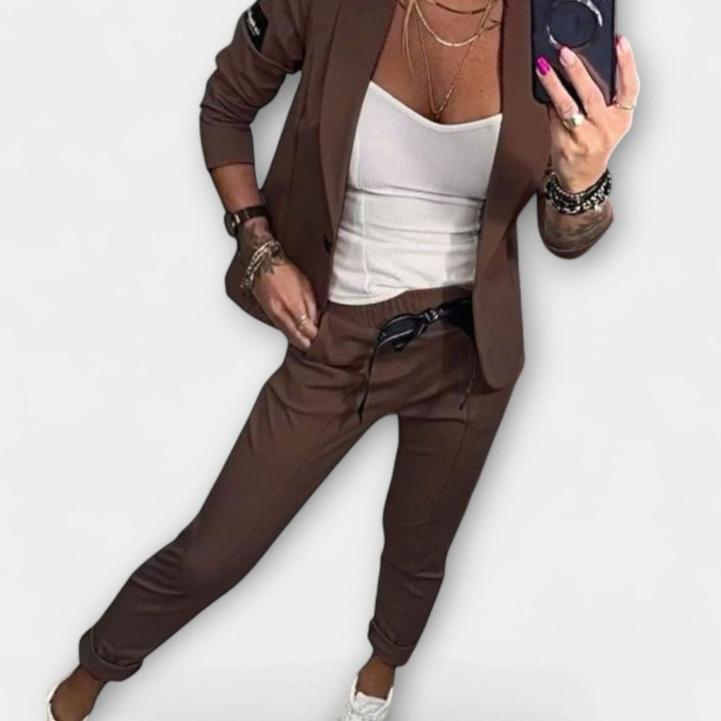 Women's Elegant Blazer Jogger Pants Two-Piece Set - Brown