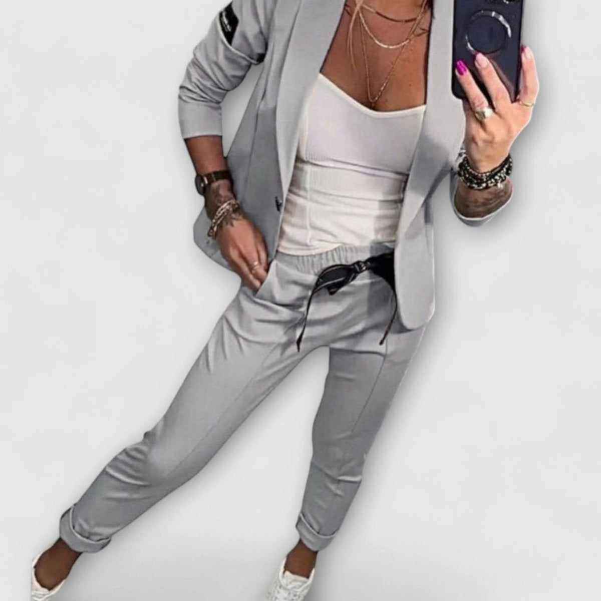 Women's Elegant Blazer Jogger Pants Two-Piece Set - Gray