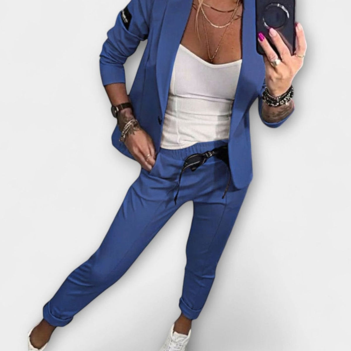 Women's Elegant Blazer Jogger Pants Two-Piece Set - Blue