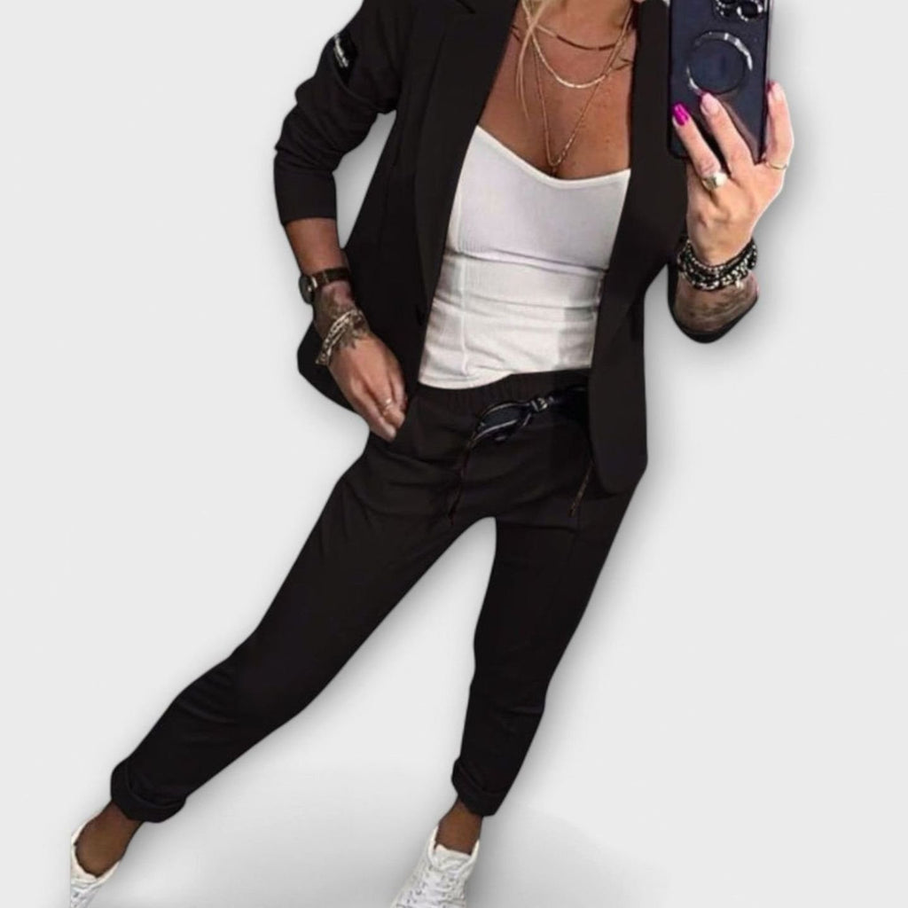 Women's Elegant Blazer Jogger Pants Two-Piece Set - Black