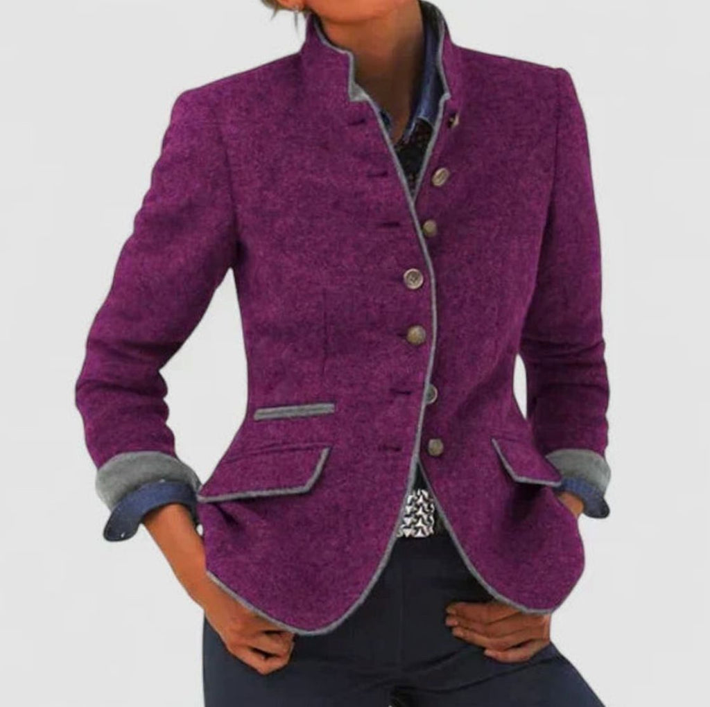 Women's Elegant Cardigan Stand-Collar Button-Front Blazer Jacket - Purple