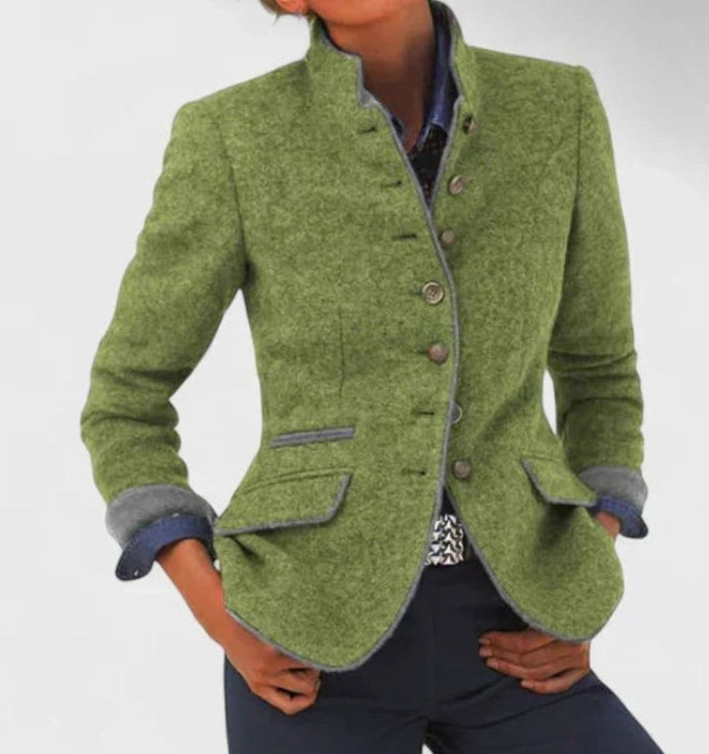Women's Elegant Cardigan Stand-Collar Button-Front Blazer Jacket - Green