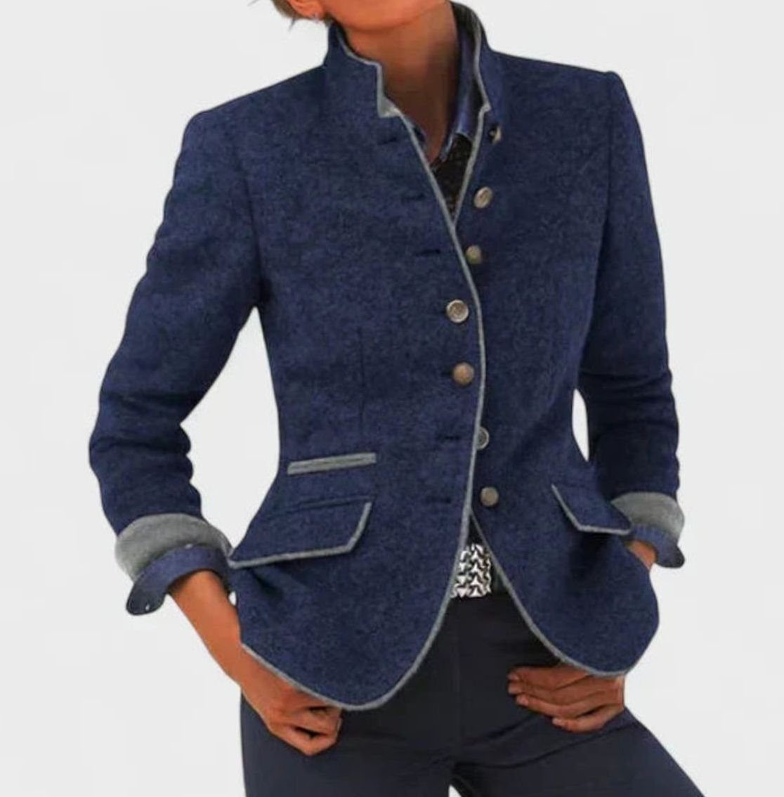 Women's Elegant Cardigan Stand-Collar Button-Front Blazer Jacket - Blue