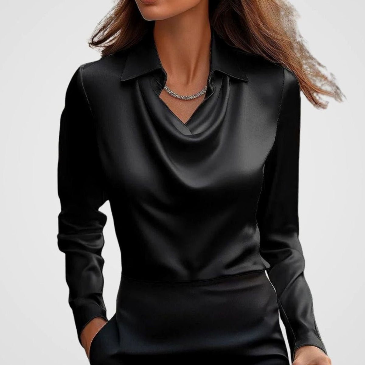 Women's Elegant Cowl-Neck Long-Sleeve Satin Blouse - Black