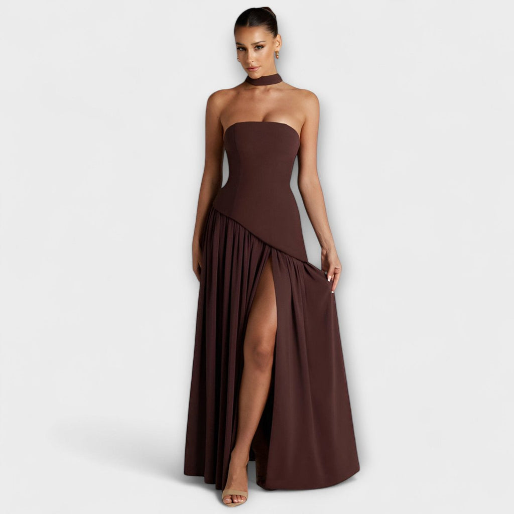 Women's Elegant Halter-Neck Pleated Maxi Dress - Brown