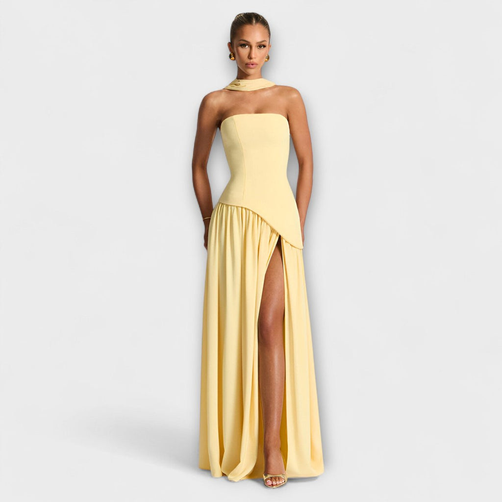 Women's Elegant Halter-Neck Pleated Maxi Dress - Yellow