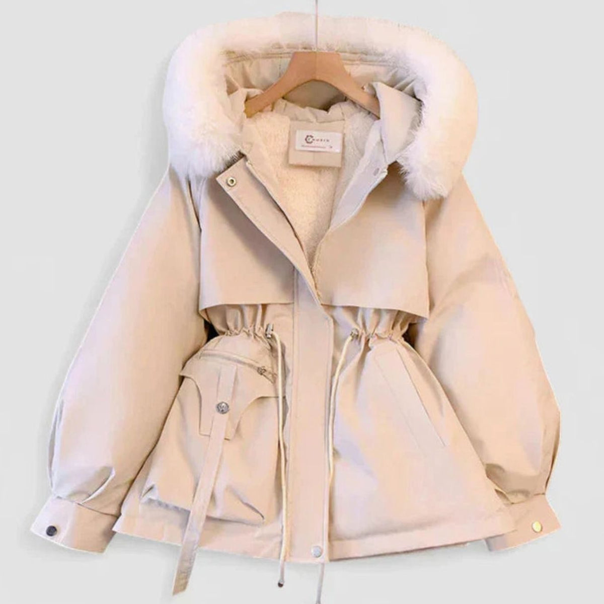 Women's Elegant Hooded Drawstring Parka Winter Jacket - White