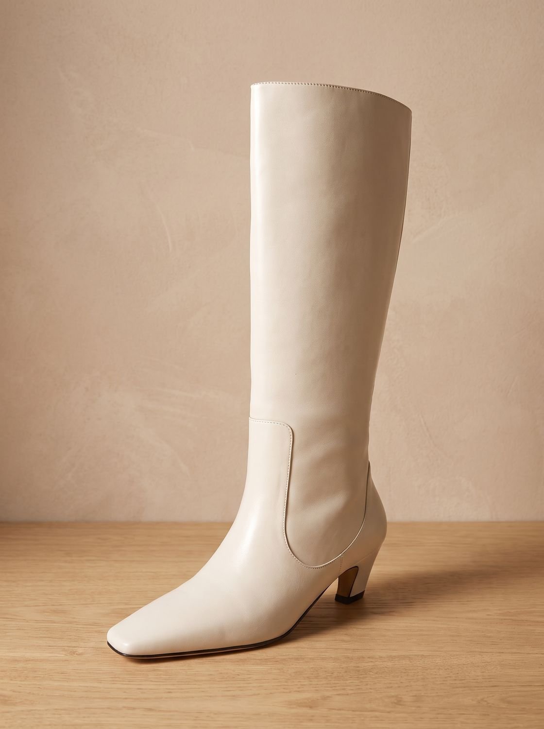 Women's Elegant Knee High Boots Square-Toe Kitten Heel - Off-White