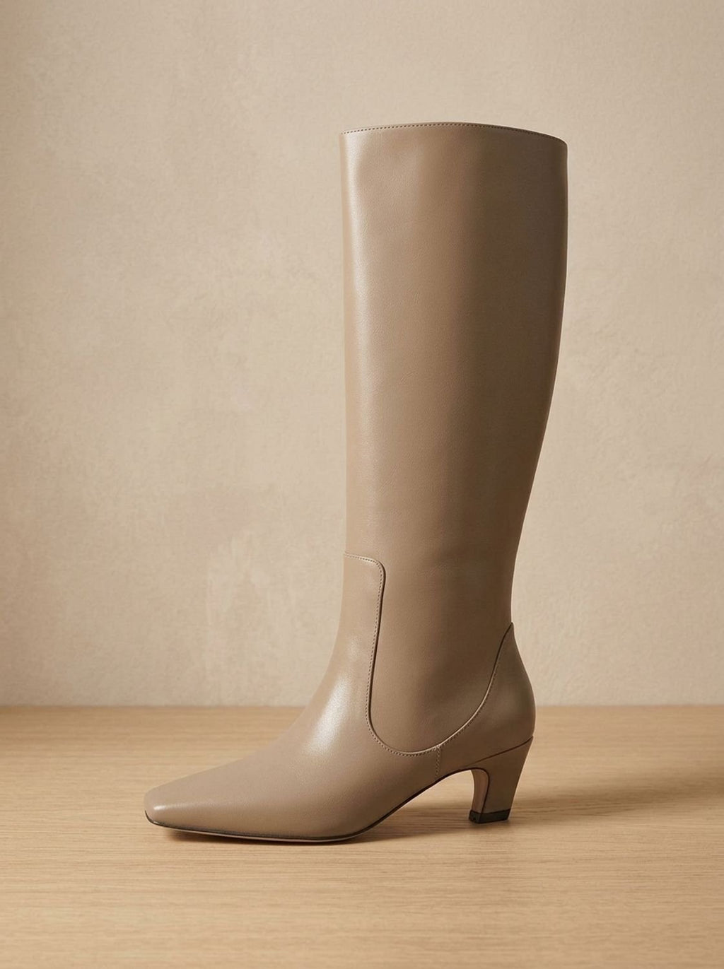 Women's Elegant Knee High Boots Square-Toe Kitten Heel - Khaki