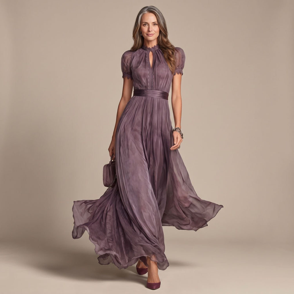 Women's Elegant Lace-Trim Short-Sleeve Formal Maxi Dress - Purple