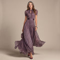 Women's Elegant Lace-Trim Short-Sleeve Formal Maxi Dress - Purple