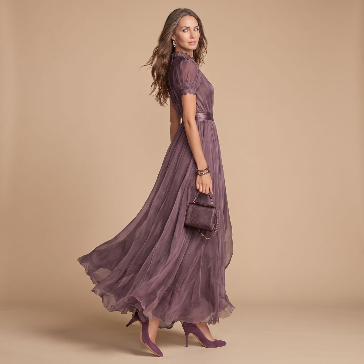 Women's Elegant Lace-Trim Short-Sleeve Formal Maxi Dress