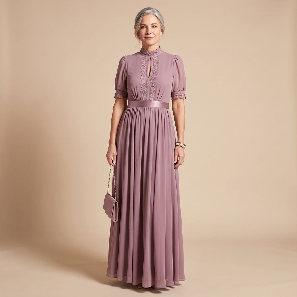 Women's Elegant Lace-Trim Short-Sleeve Formal Maxi Dress