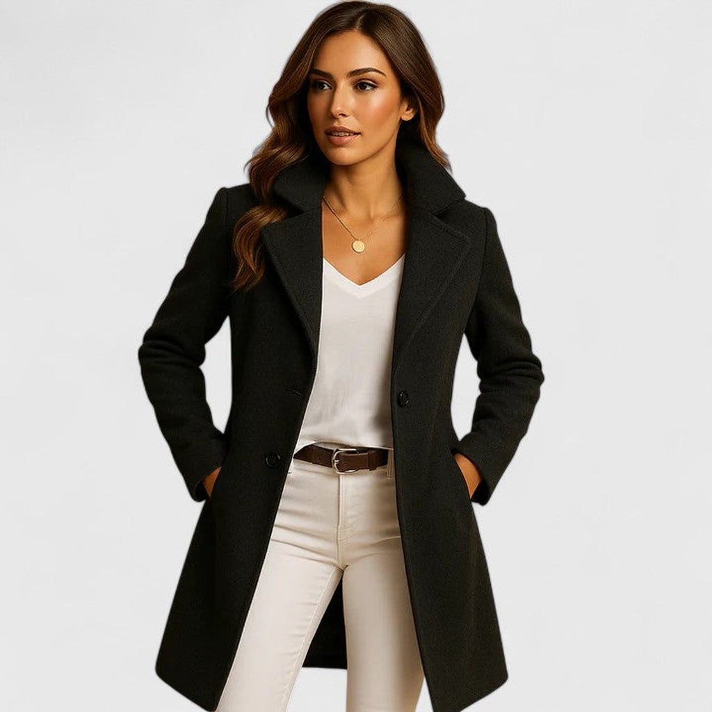 Women's Elegant Long Button-Front Notch Lapel Coat - Black