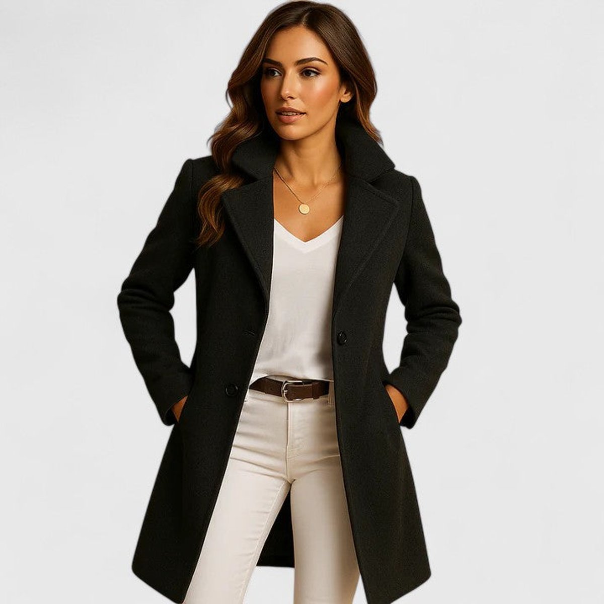 Women's Elegant Long Button-Front Notch Lapel Coat - Black